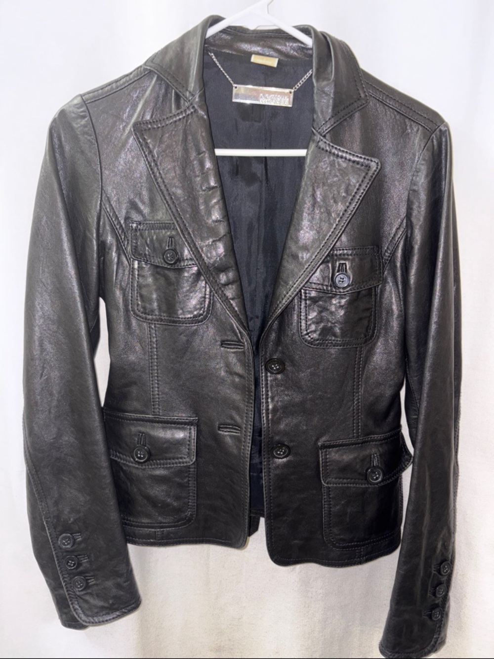 Michael Kors Black Leather Tailored Blazer Jacket